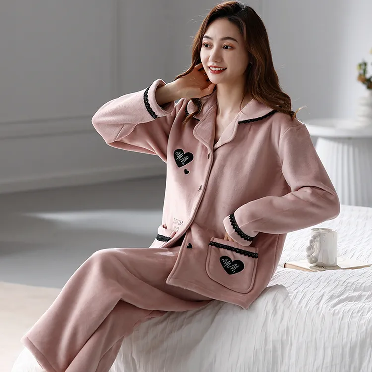 女士睡衣冬季保暖加绒加厚复合绒长袖长裤开衫宽松秋冬家居服套装