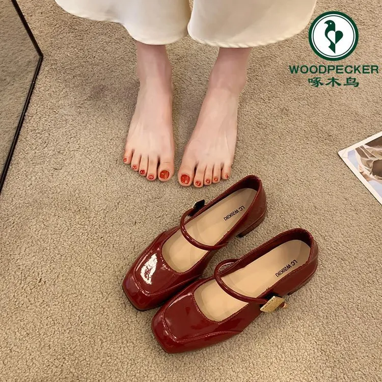 啄木鸟法式红色玛丽珍jk小皮鞋女2025春新款低跟配裙子晚晚风单鞋