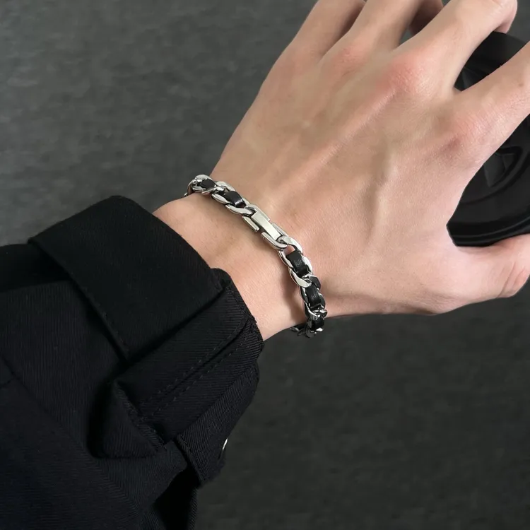 钛钢皮质手链 日韩百搭简约黑皮绳钛钢复古冷淡风男士设计感饰品
