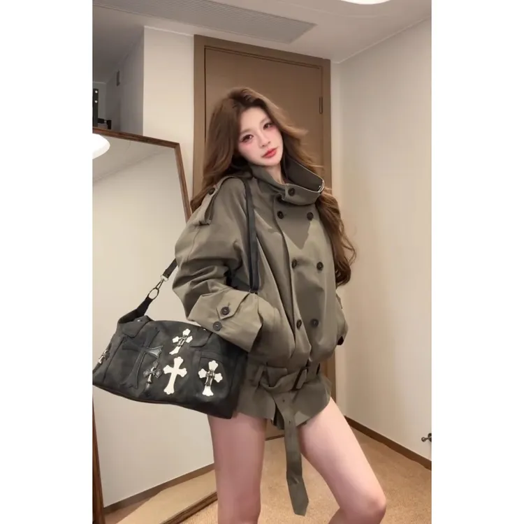 灰绿色复古立领双排扣短款风衣外套女秋季设计感收腰宽松夹克上衣