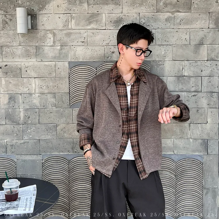 OXFREAK「內襟格子 老钱风」假两件开衫毛衣男秋冬慵懒宽松针织衫