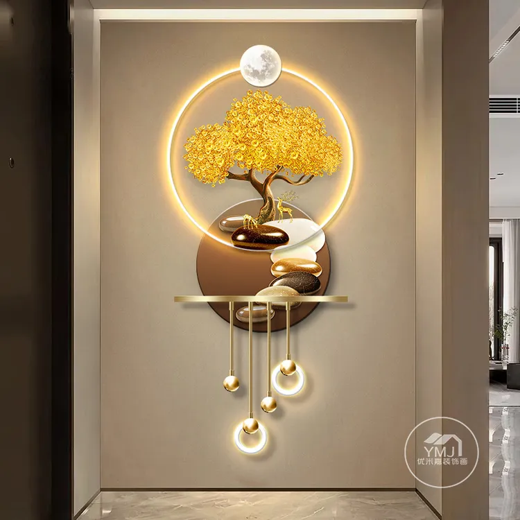 玄关装饰画轻奢现代高档LED灯壁画走廊过道尽头发财树的立体挂画.