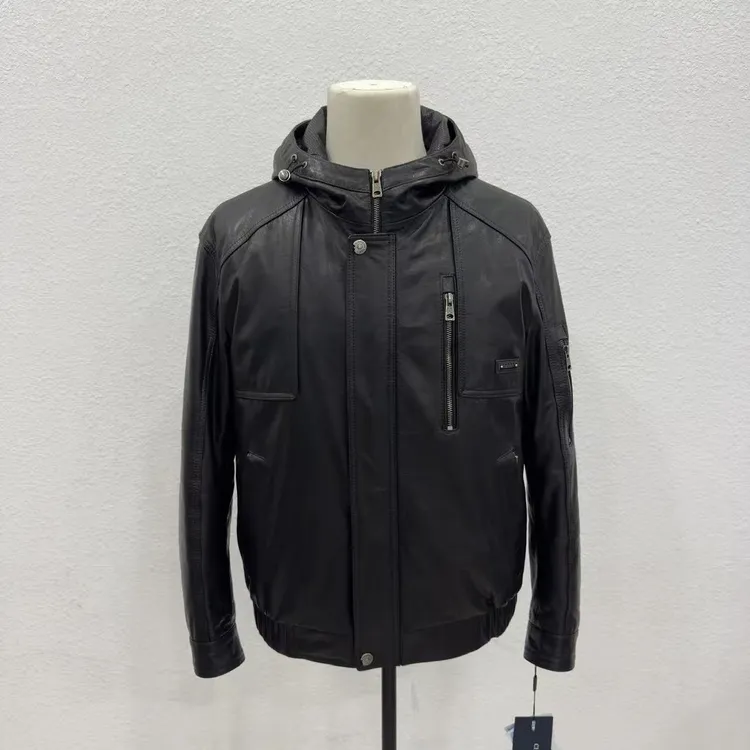 宸笙【小生严选】牛皮油蜡鹅绒内胆可拆卸连帽短款休闲男士皮衣