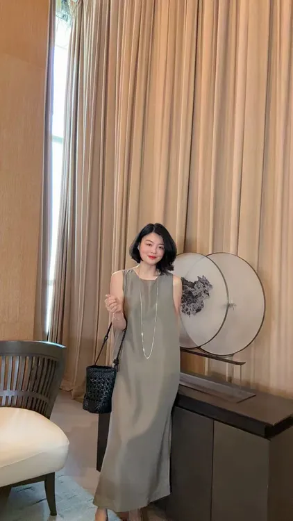 TANTAN 显瘦百搭无袖气质真丝斜纹绸连衣裙1275