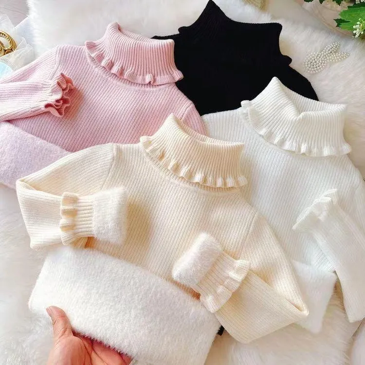 YeeHoO英氏【断码】女童加绒加厚毛衣高领花边领2025冬装新款一体绒