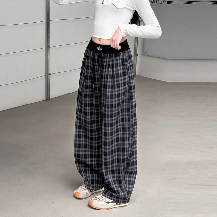 儿童秋装2025新款大女童装格子裤子春秋款运动卫裤秋季阔腿直筒裤