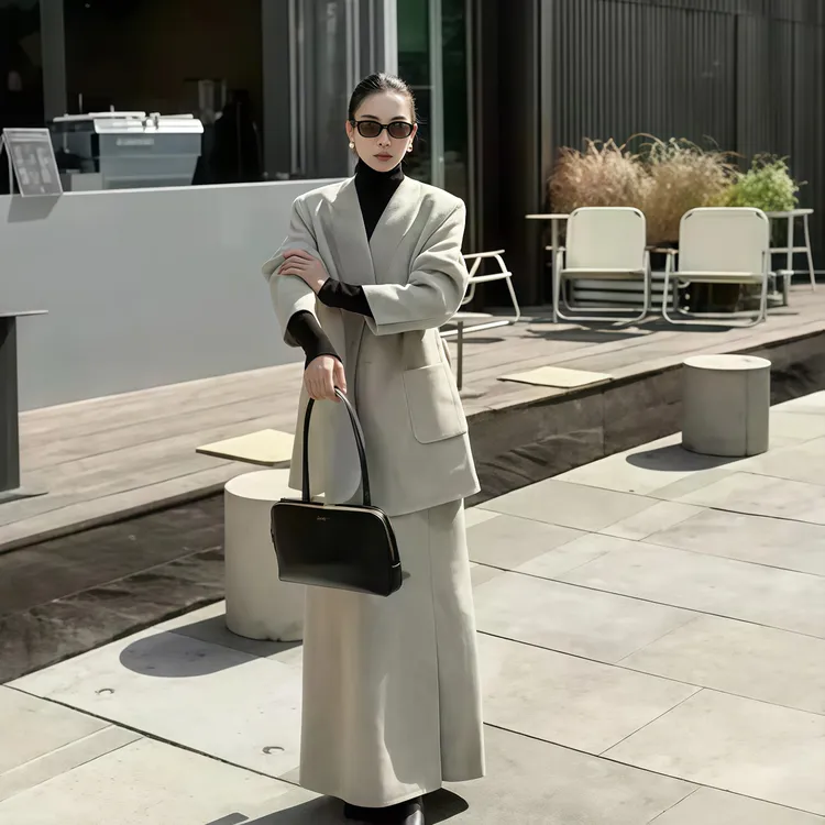 老钱风毛呢西装套装裙女秋冬高智感穿搭无领呢子外套半身裙两件套