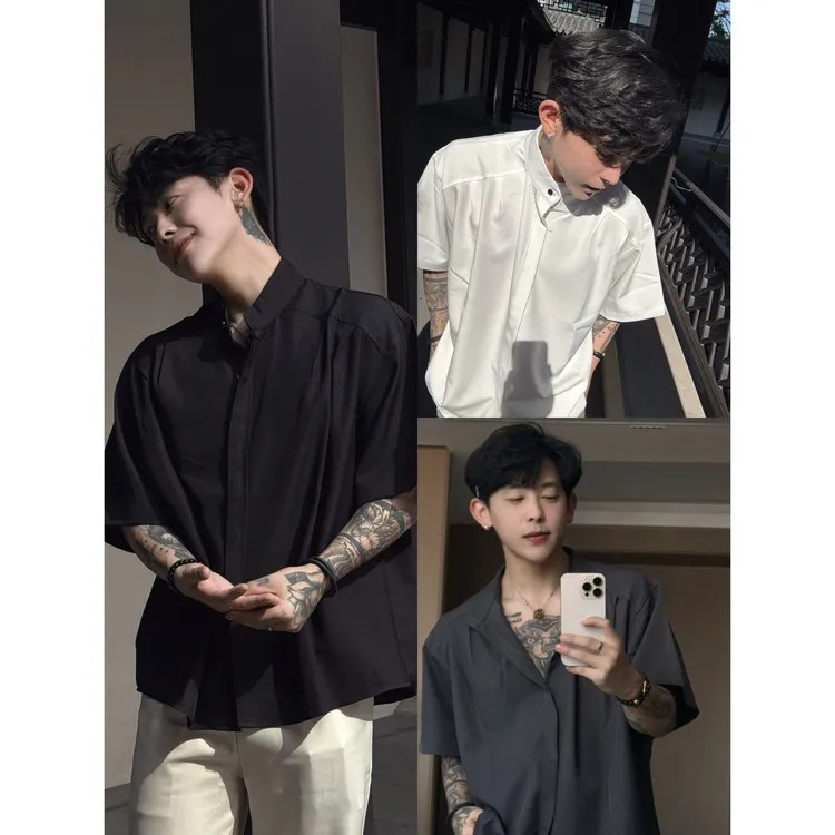 男士夏季冰丝凉感超宽松纯色外穿短袖衬衫短袖速干透气情侣外套