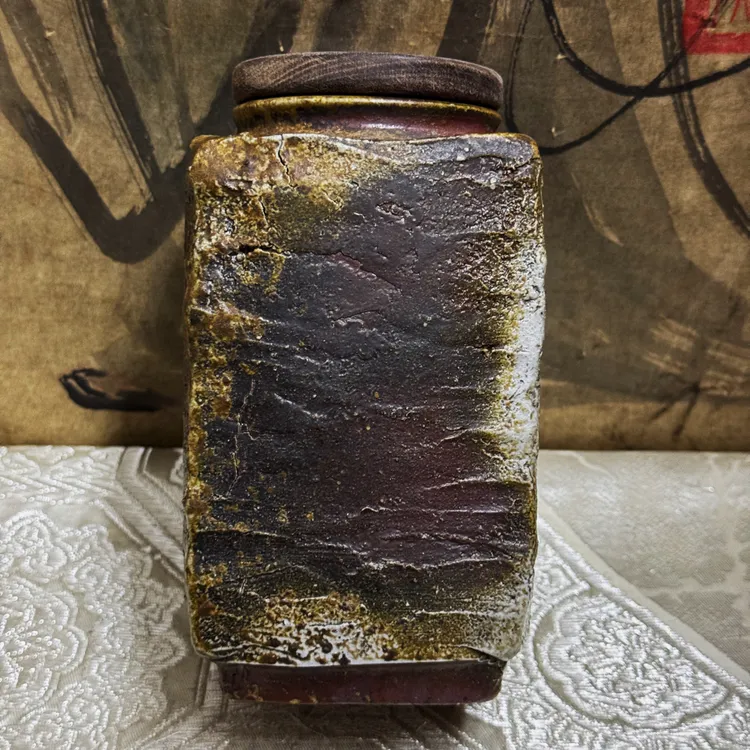 岩肌茶罐·中古备前·高原敏·茶叶罐·茶入·储物罐（高16口5.3宽8.5