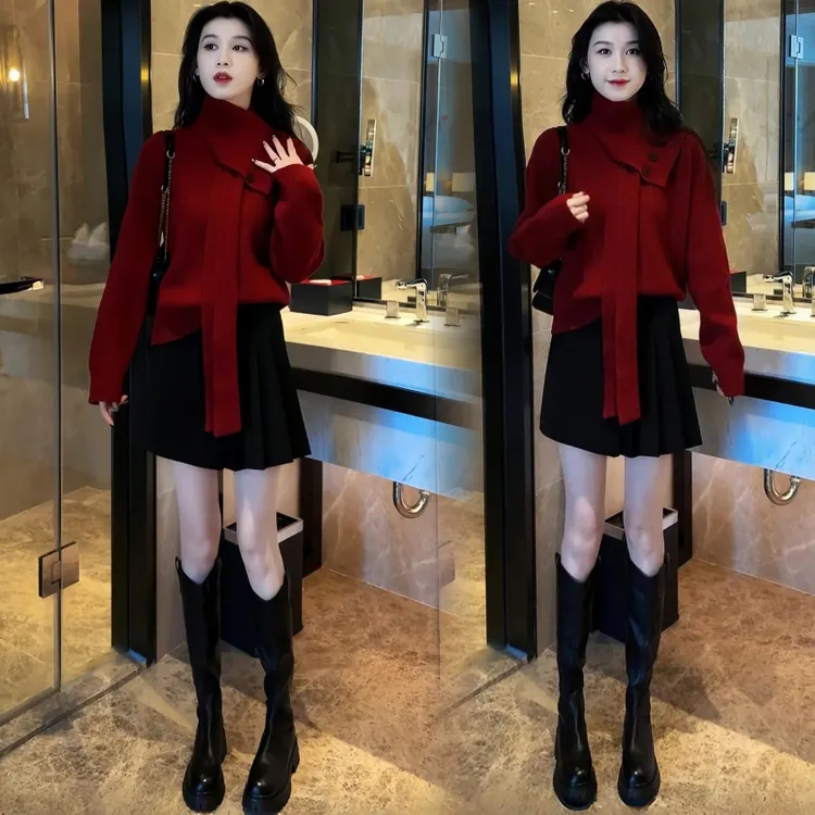 韩系加厚时尚套装女士洋气冬装穿搭一整套气质毛衣保暖短裙两件套