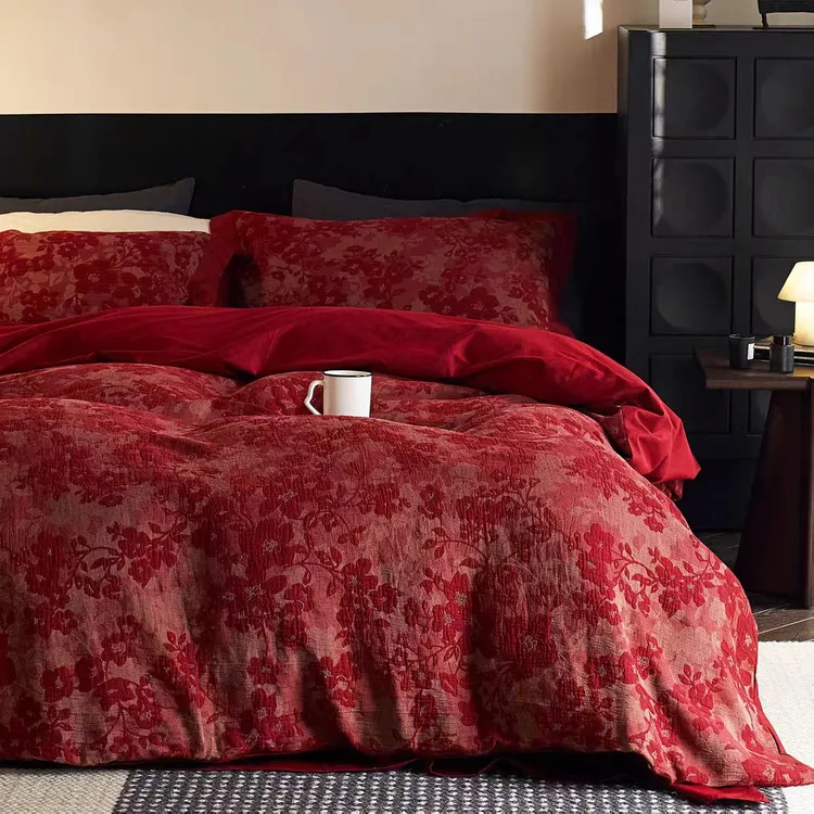 婚庆四件套高级感复古风三层纱结婚被套纯棉全棉提花喜被陪嫁床品