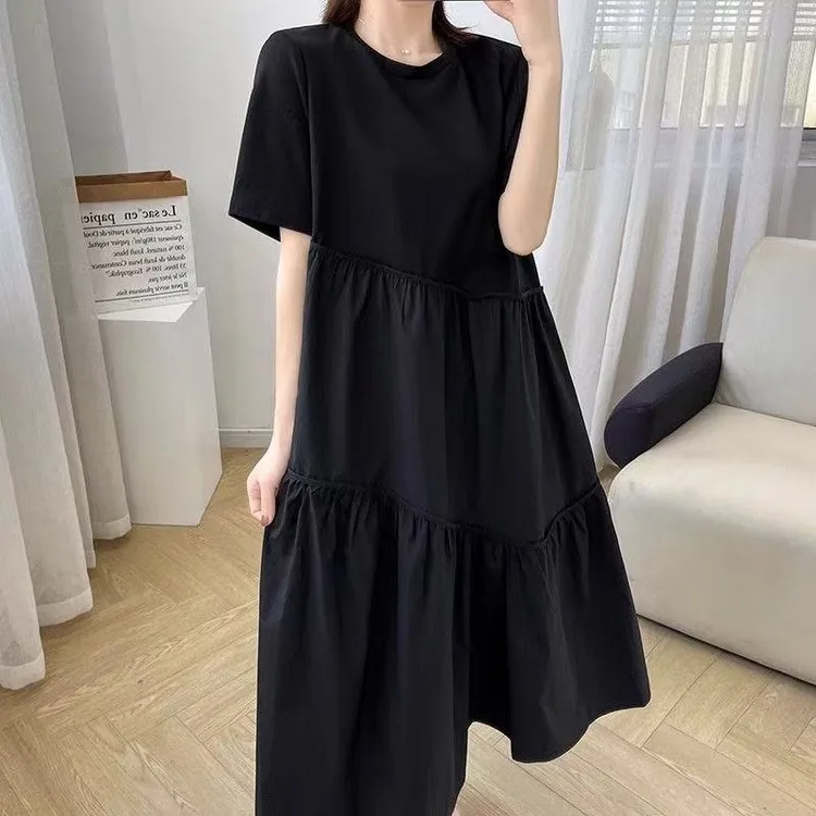 法式茶歇风连衣裙女夏季2025新款简约时尚休闲宽松大码A字小黑裙