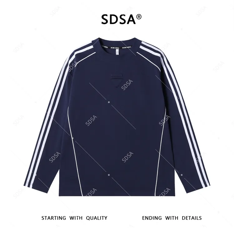 SDSA男士秋冬新款轻奢痞帅男装撞色3条杠倒三角圆领长袖T恤百搭潮
