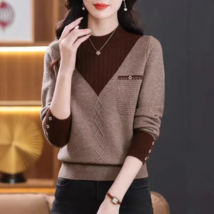 秋冬季新款时尚套针织打底衫宽松显瘦减龄妈妈装毛衣内搭上衣