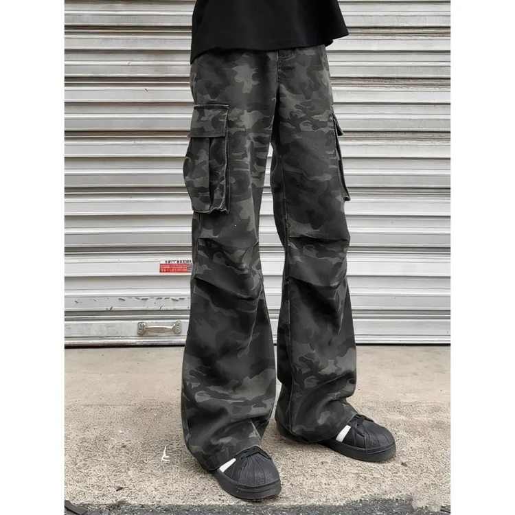 迷彩多口袋工装牛仔裤男秋季加绒美式vibe潮牌休闲裤子直筒微喇裤