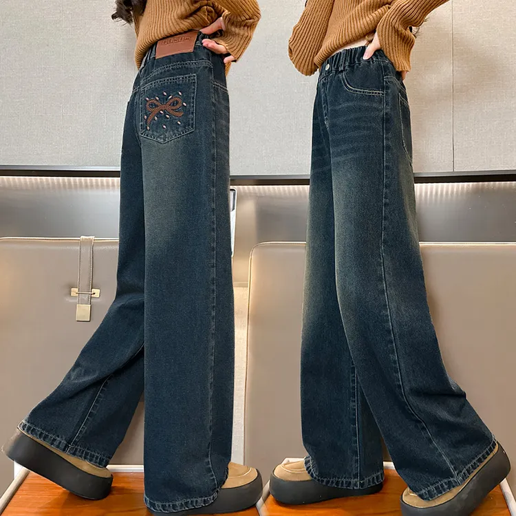 女童秋冬加绒牛仔裤2025新款6-12岁15岁中大童休闲洋气直筒阔腿裤
