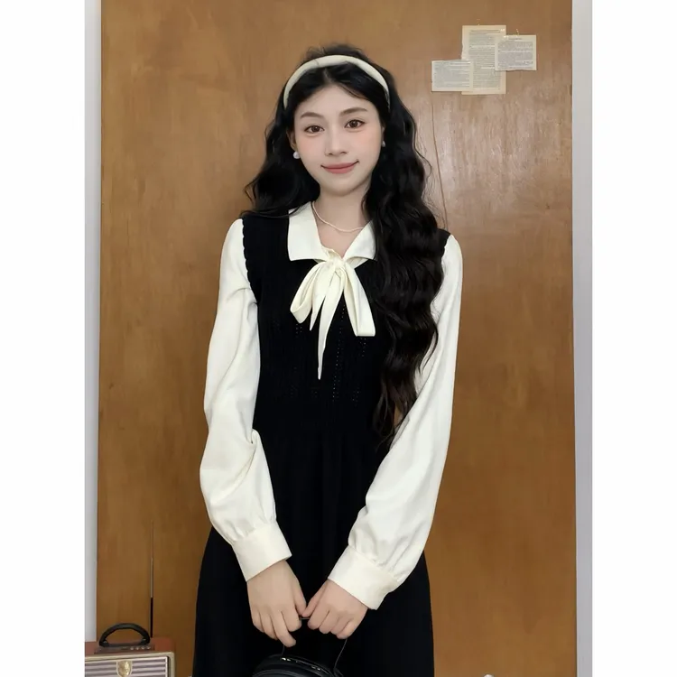 张汽水赫本风假两件黑色连衣裙收腰长袖气质长裙DY2025246