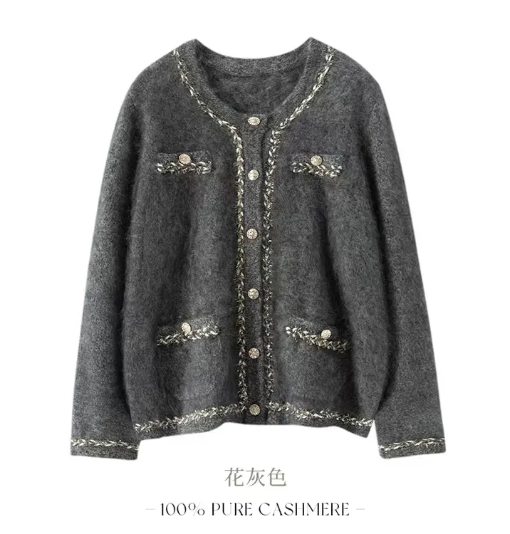 圆领长袖网红羊绒衫针织法式钉珠羊绒开衫短款女士