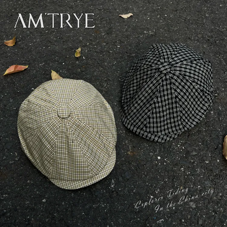 AMTRYE 复古格子鸭舌前进帽男士薄显脸小报童帽反戴帽子贝雷帽男