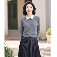 立体花朵拼色翻领针织开衫半身裙套装女2025春秋外搭短款毛衣外套