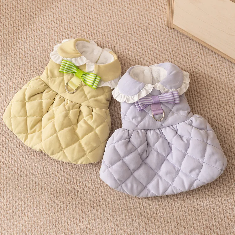 宠物秋冬保暖款可爱纯色淑女连衣裙自带牵引扣舒适小猫猫服饰0626