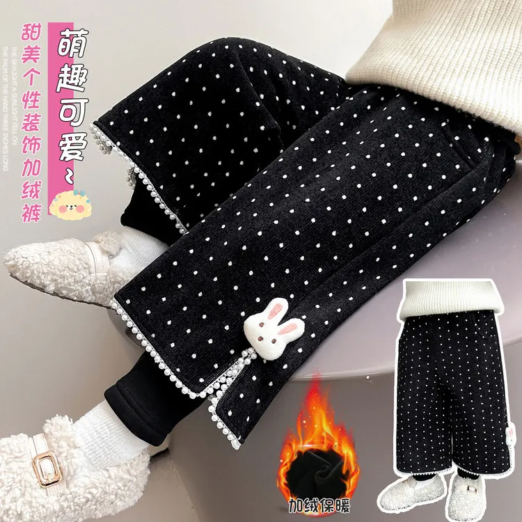 【二合一靴裤】女童加绒加厚裤子2025冬季新款洋气波点假两件阔腿裤