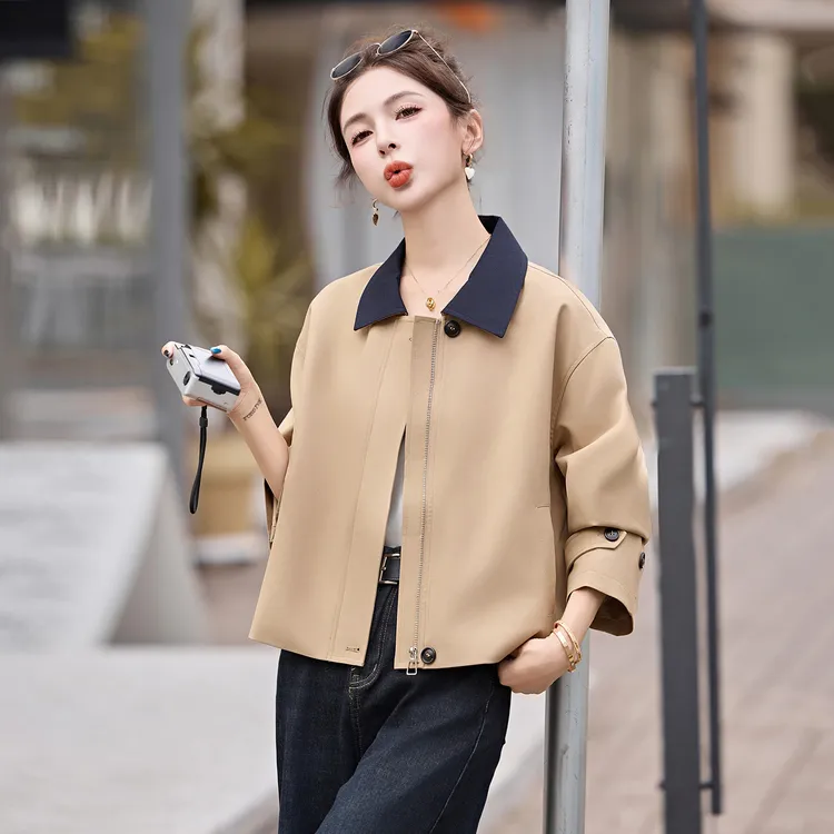 撞色外套女春秋短款2025新款小个子时尚韩系穿搭好看宽松夹克上衣