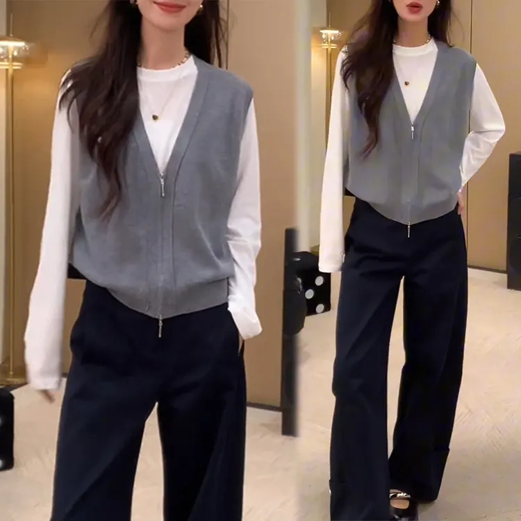网红洋气炸街套装女2025春秋新款叠穿打底衫针织马甲阔腿裤三件套