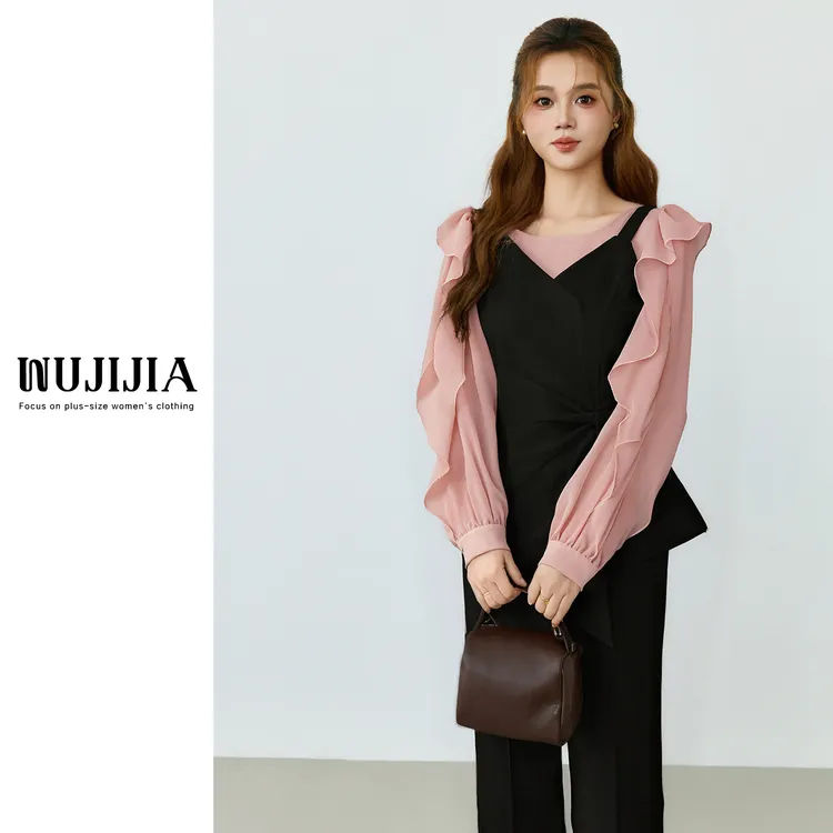 五季家显瘦拼接长袖上衣衬衫黑色西装长裤两件套大码女装ZL109700