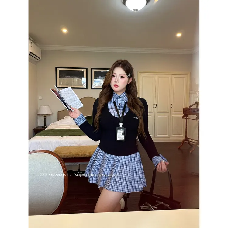 CD.soul【智秀学姐】微胖大码韩系学院藏青色格子拼接假两件连衣裙