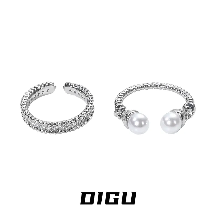 嘀咕家 铜合金仿珍珠戒指 两件套麻花珍珠戒指闪钻开口可调节指环