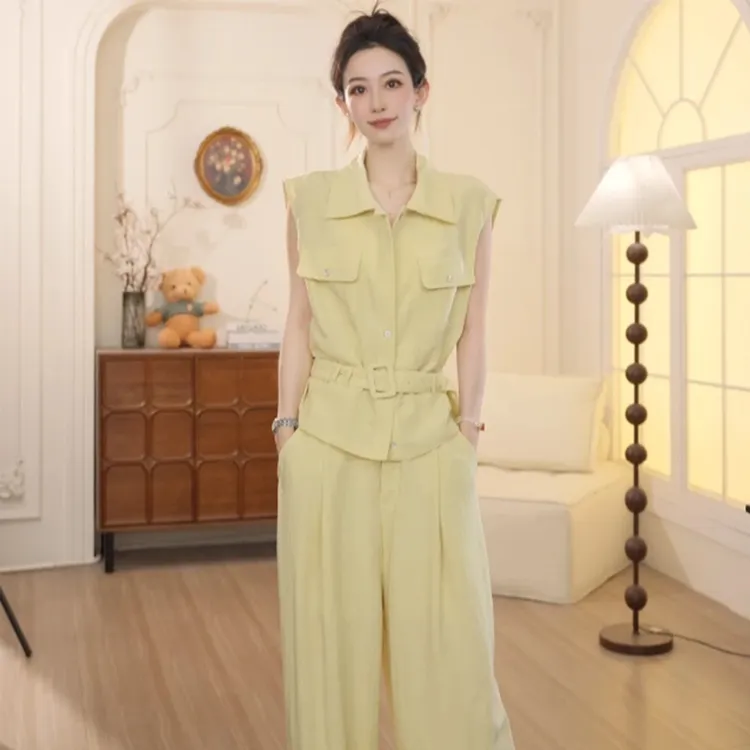 时尚设计感无袖衬衫长裤两件套女2025夏季新款收腰衬衫阔腿裤套装