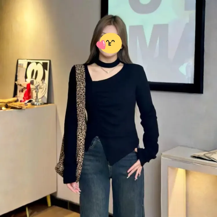 大码设计感斜领黑色长袖t恤女秋冬微胖mm修身显瘦内搭打底衫上衣
