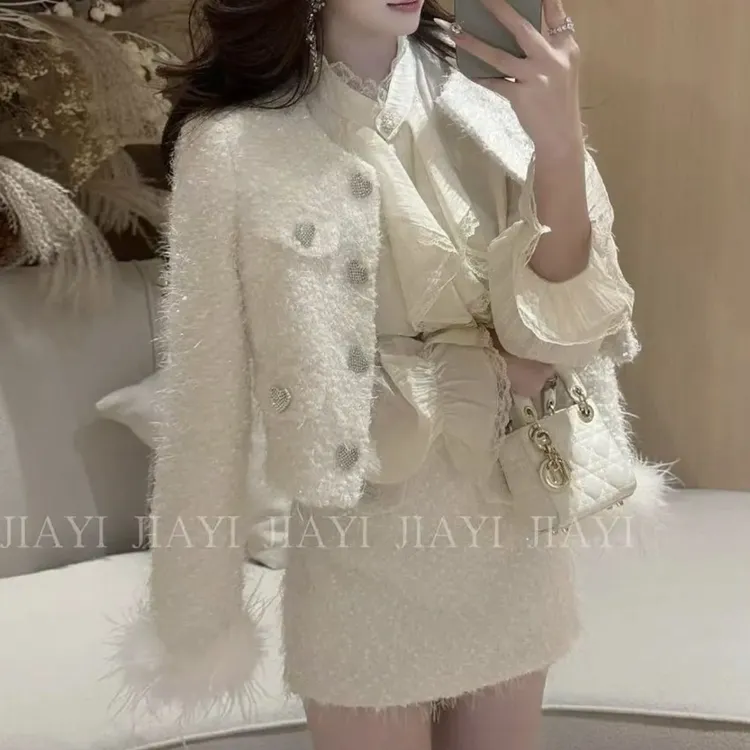 【WEIYI】人间苏妲己 名媛风爱心钻扣洋气显瘦小香两件套