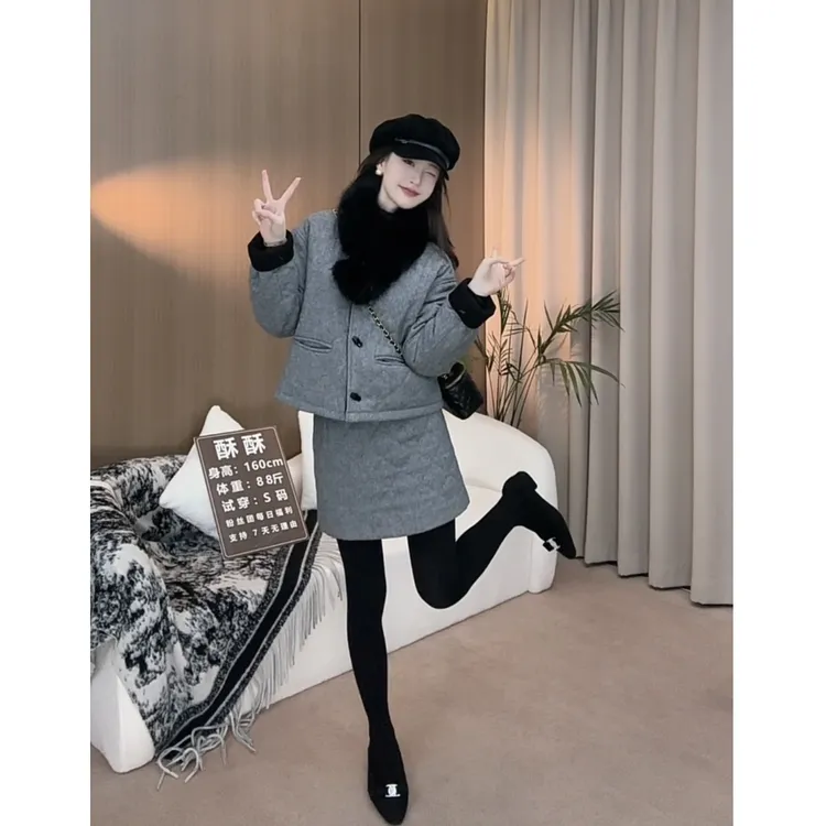 冬季套装女款新款3165小香风菱形格宽松短款棉服外套半身裙两件套