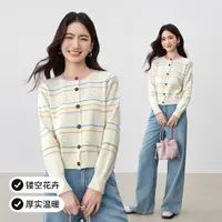 尚都比拉优雅通勤圆领撞色扣条纹镂空花卉弹力厚开衫针织衫B2272