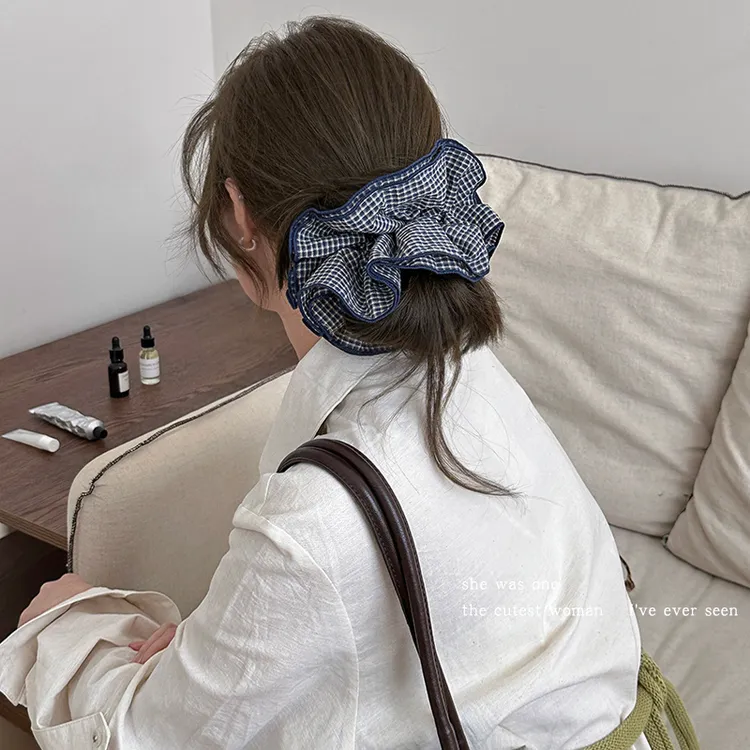 韩系简约格子多层大肠发圈女高级感丸子头发绳头绳头花低马尾发饰