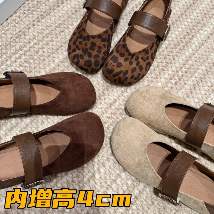 韩版圆头绒面一字带单鞋女2025新款秋季复古豹纹时髦玛丽珍小皮鞋
