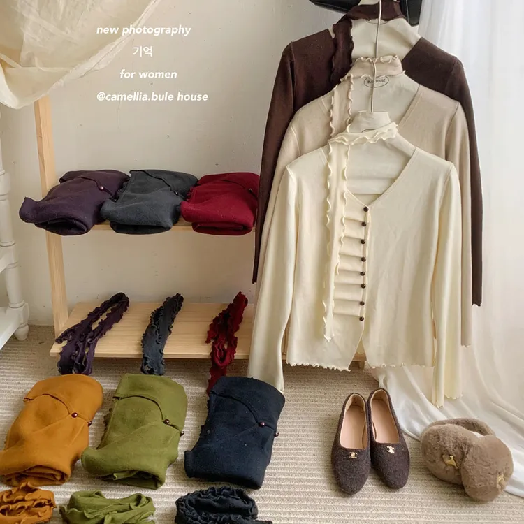 复古飘带抽褶皱修身针织衫秋冬韩系V领木耳边洋气质外穿温柔上衣