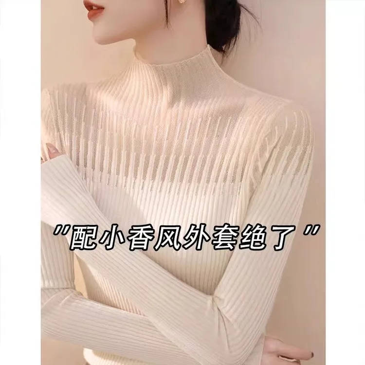 春季2025新款半高领蕾丝网纱打底衫女法式高级感灰色针织上衣