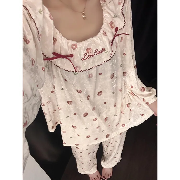 甜美花边蝴蝶结碎花长袖睡衣女夏季2025新款长裤家居服套装可外穿