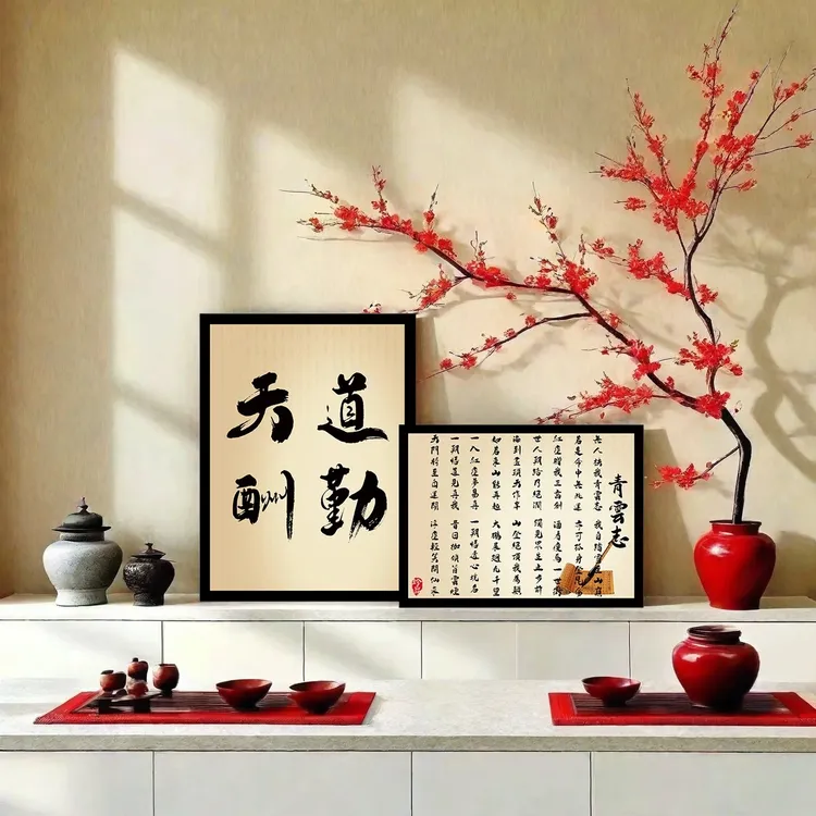 简约励志免装裱画现代家居装饰励志四字成语书法天道酬勤客厅摆画