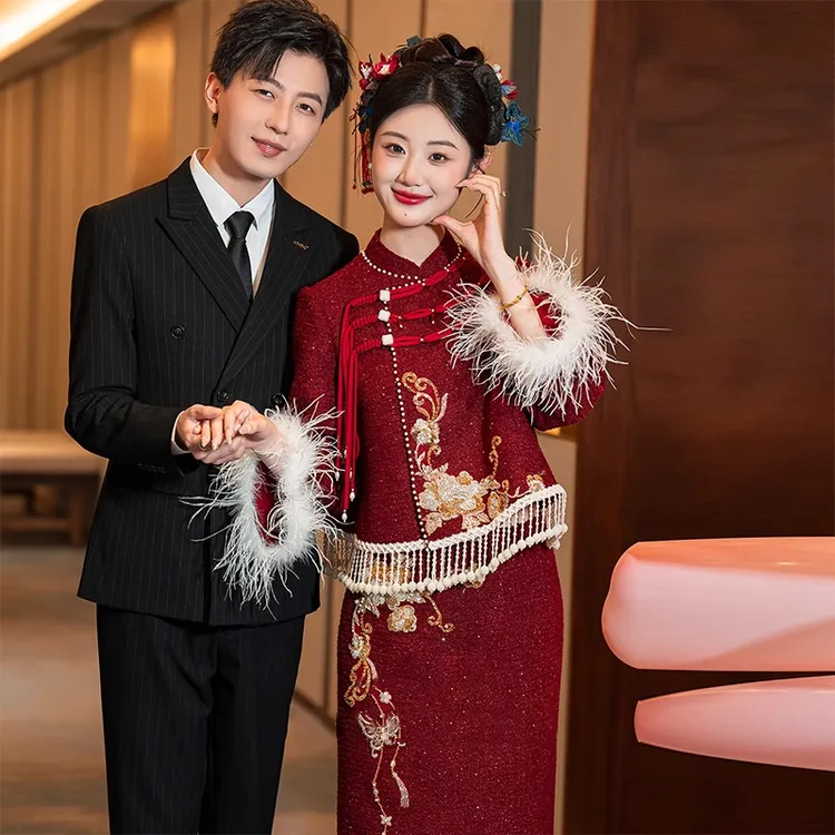 2025新款新中式订婚结婚礼服秋季绝美小香风套装旗袍秋冬春敬酒服