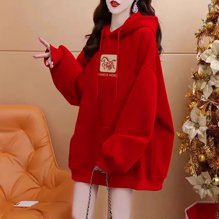 秋冬新款红色加绒喜庆卫衣女2026马年本命年衣服时尚洋气上衣外套