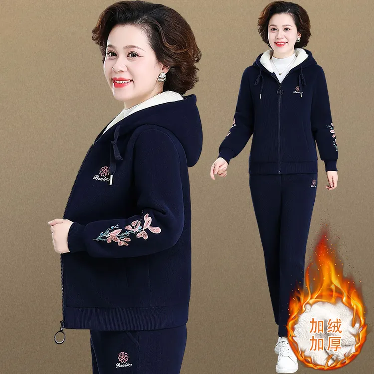 中年妈妈秋冬外套卫衣2025新款中老年人加绒加厚运动服套装女冬装