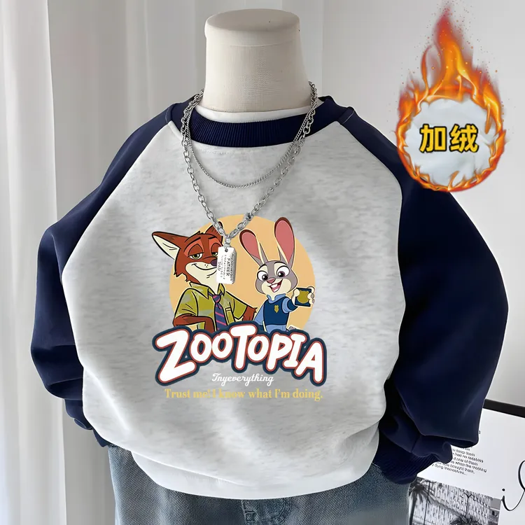 儿童秋冬加绒圆领卡通卫衣疯狂动物城尼克朱迪2男孩女童儿童打底