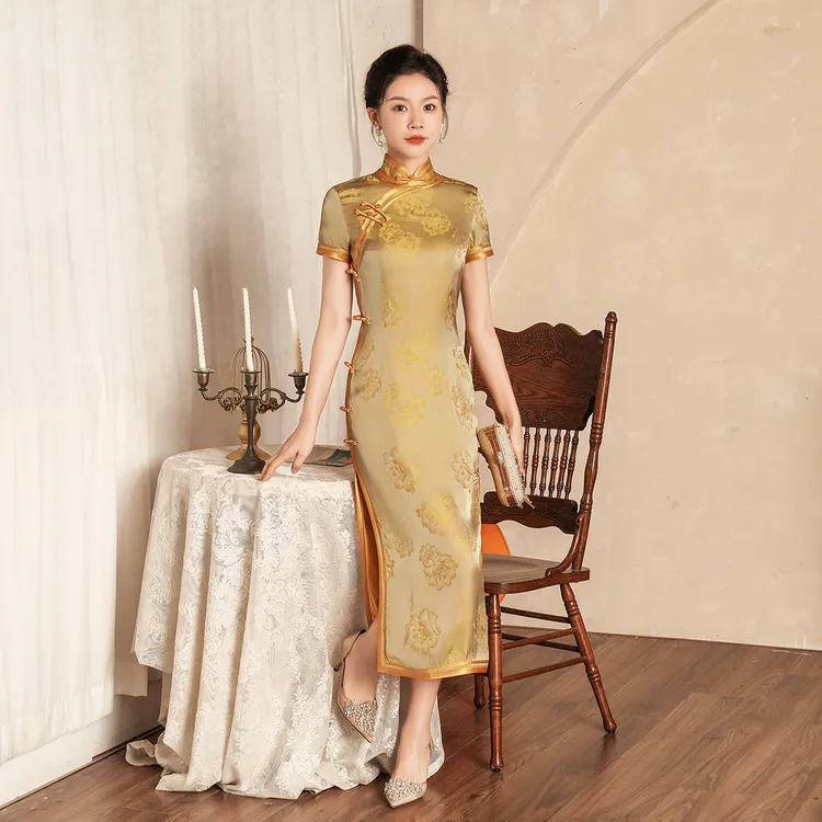 实体春夏新款高端铜氨提花黄色复古风款时尚改良旗袍裙高考女