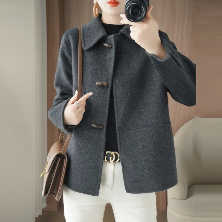 100%羊毛女装秋冬款小个子双面羊绒大衣牛角扣宽松短款毛呢外套