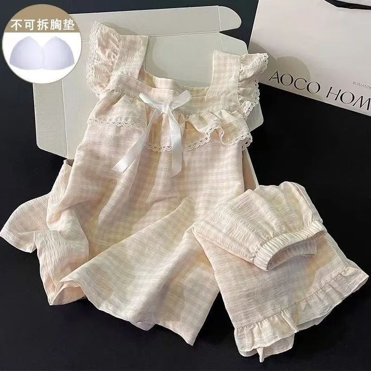 小飞袖睡衣女款夏季带胸垫公主风甜美小格子吊带短裤夏家居服套装