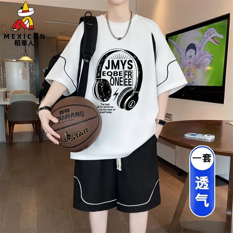 稻草人青少年冰丝半袖t恤男高级感短袖短裤套装透气潮流专柜品质